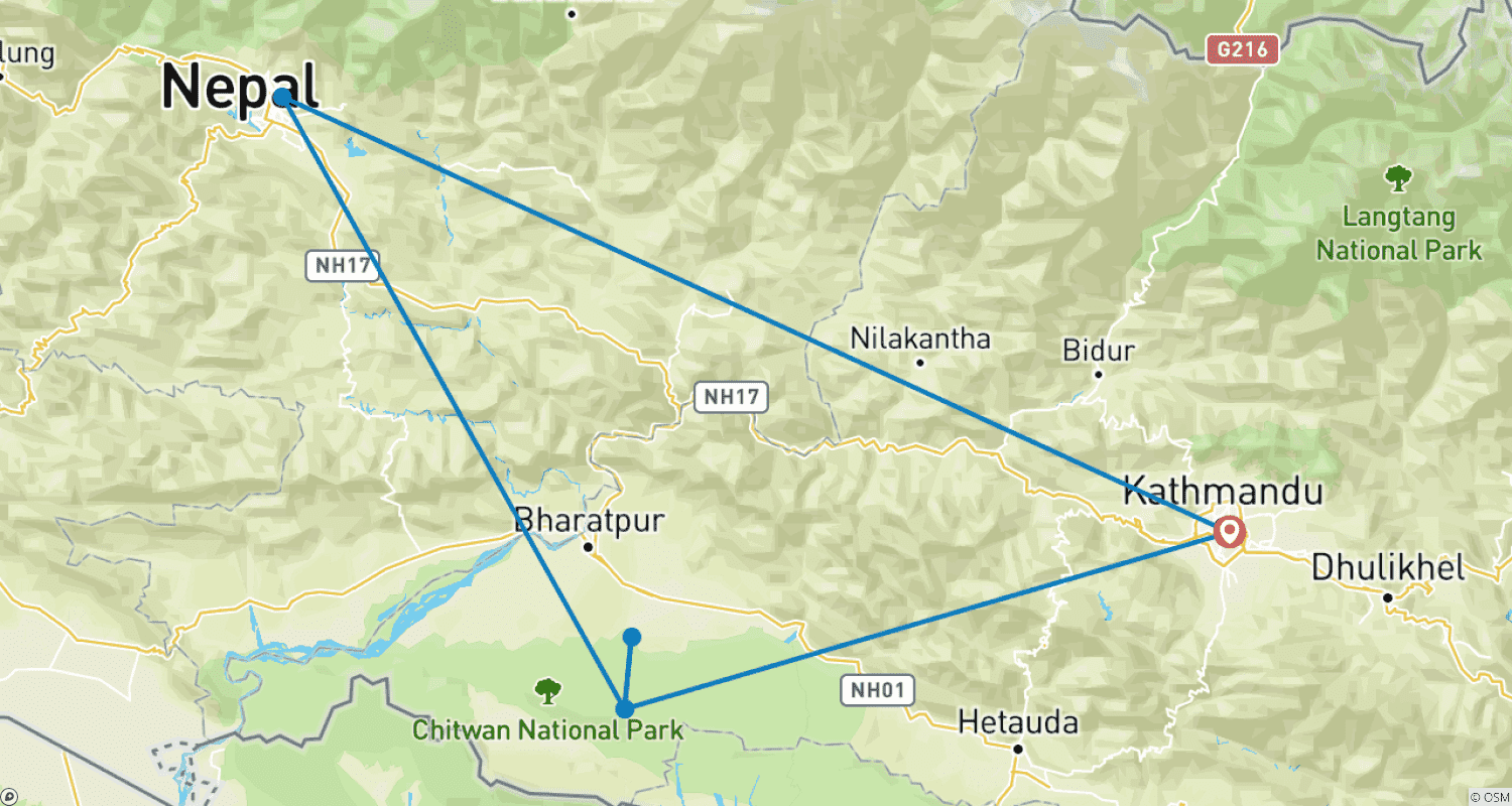 Mapa do percurso de Nepal com Orçamento Reduzido