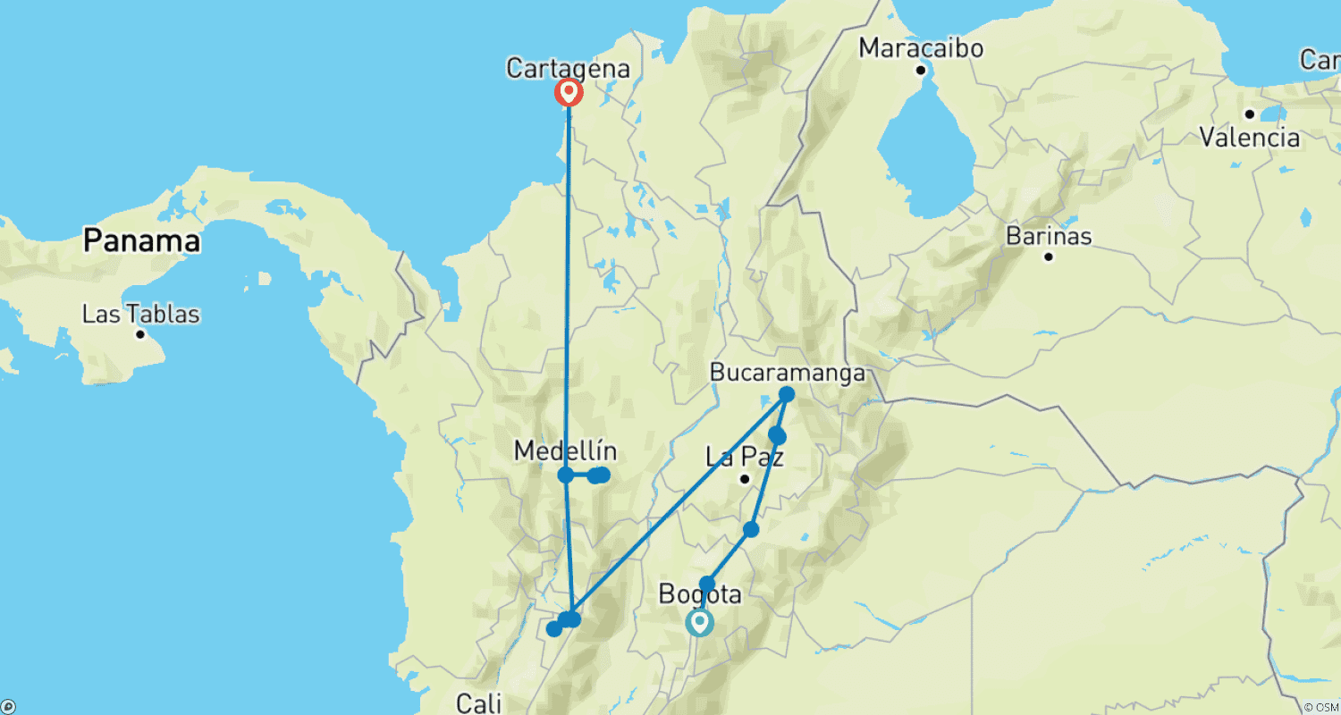 Mapa do percurso de Contrastes da Colômbia