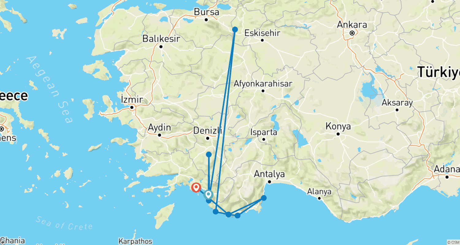 خريطة مسار المشي في طريق ليقيا (Lycian Way) في تركيا