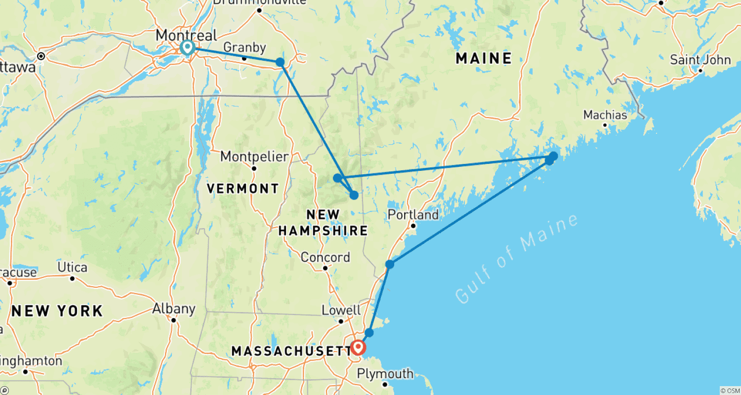 Mapa do percurso de Cores de Outono de Montreal a Boston
