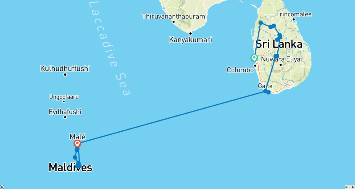 Mapa trasy: Najważniejsze atrakcje Sri Lanki + rejs Dhoni po Malediwach (Wybrzeże Zachodnie)