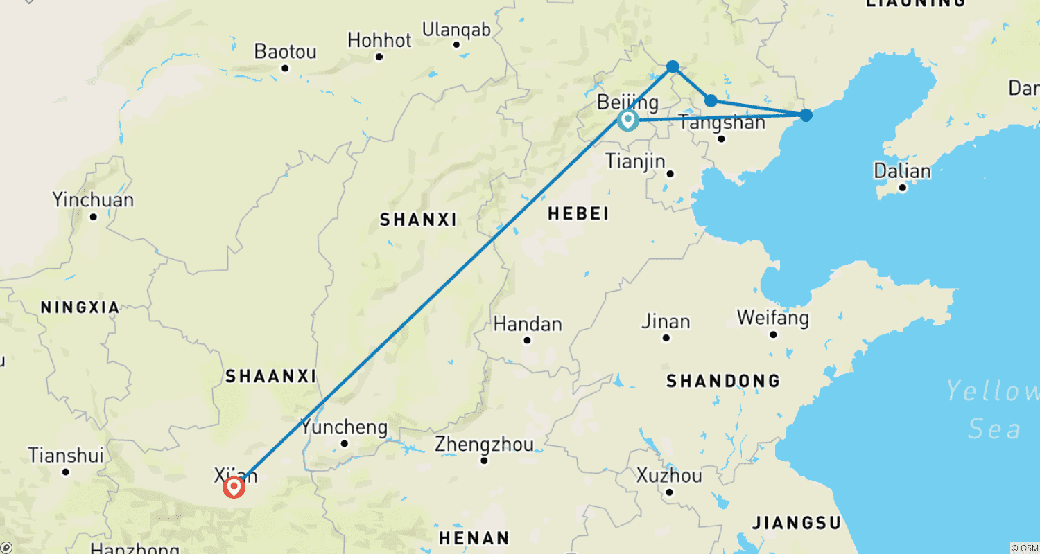 Mapa do percurso de Walk the Great Wall + Xian Extension