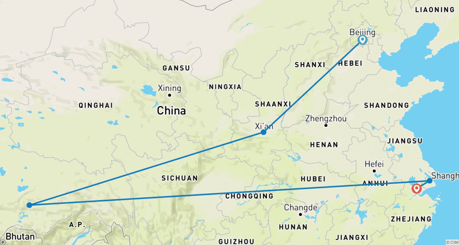 Mapa trasy: 11-dniowa grupowa wycieczka po Chinach do Pekinu, Xi'an, Lhasy, Szanghaju