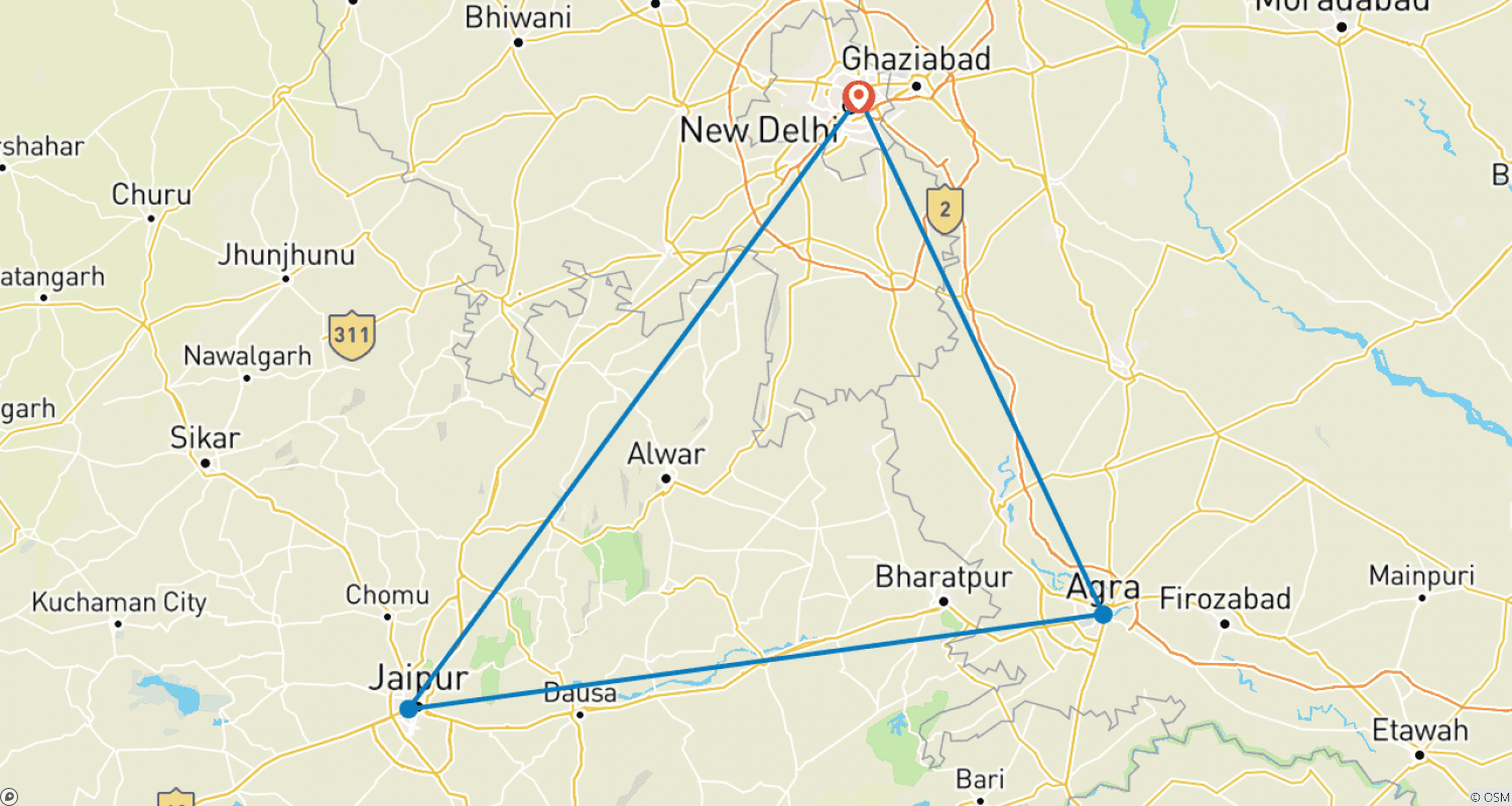 Mapa do percurso de Tour Privado de 4 Dias pelo Triângulo Dourado