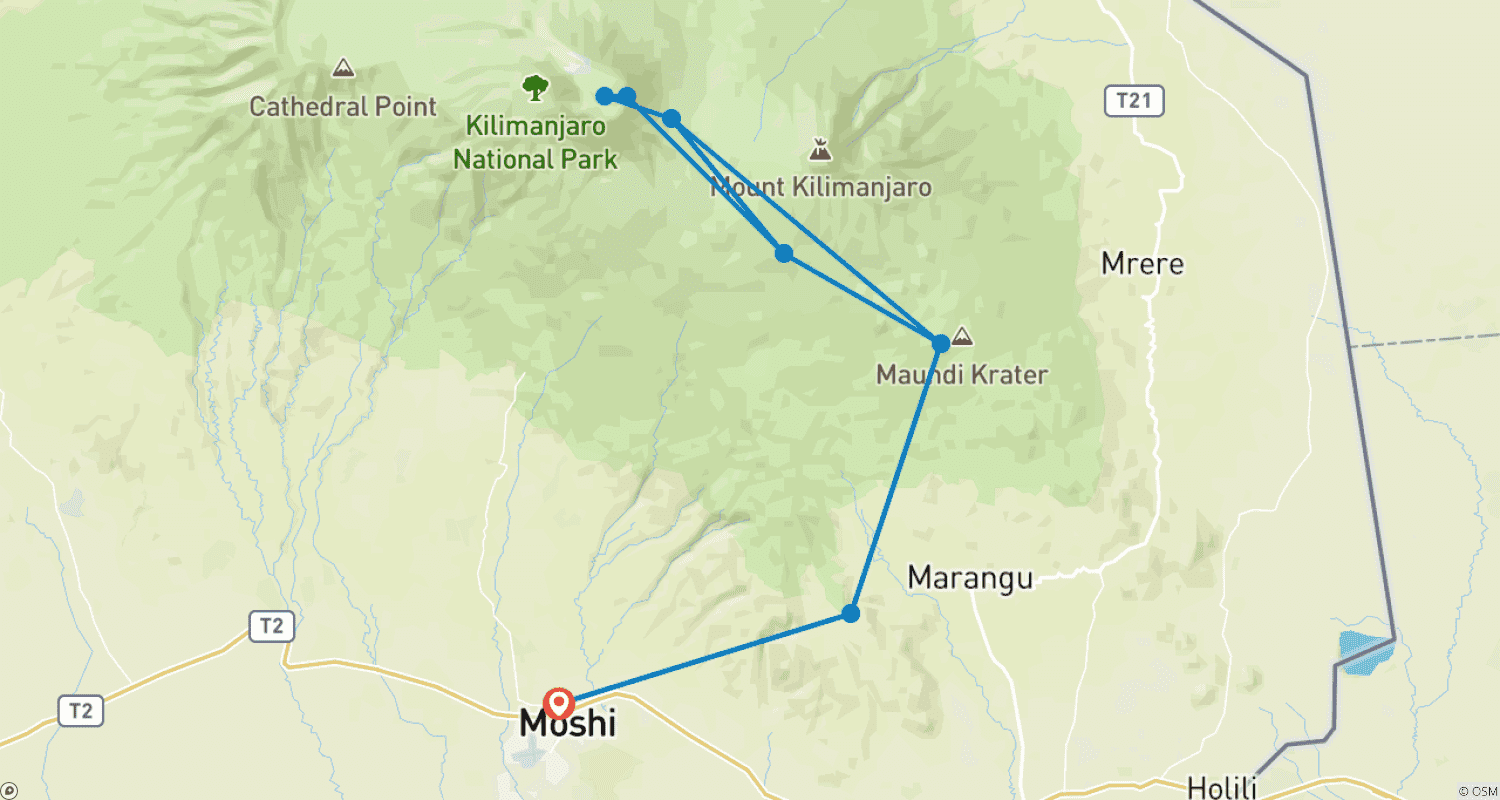 Mapa do percurso de Subida em Grupo ao Monte Kilimanjaro pela Rota Marangu, 8 Dias, Tanzânia (acomodação e transporte incluídos)