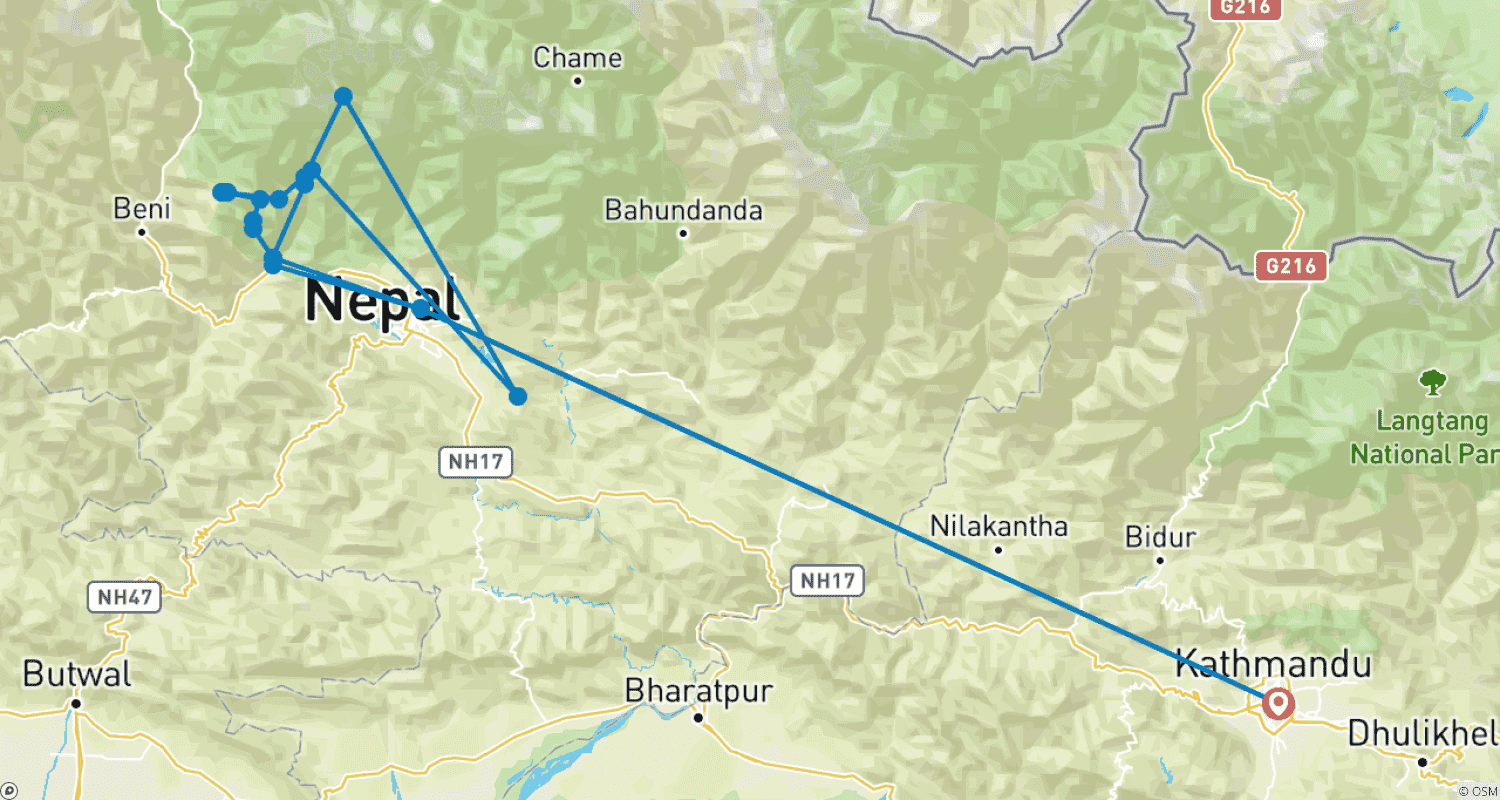 Mapa do percurso de Annapurna Base Camp Yoga Trek