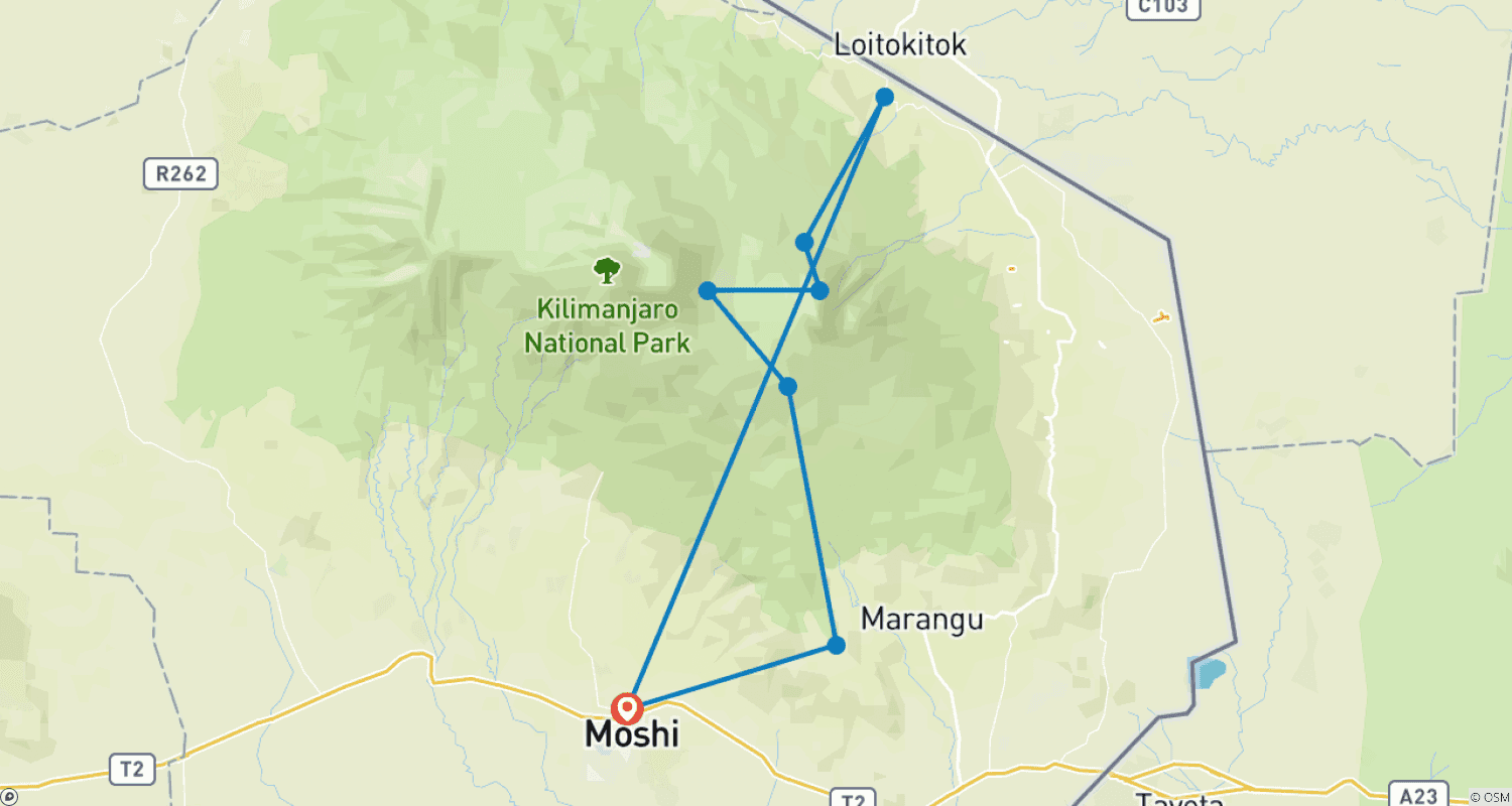 Mapa do percurso de Subida ao Kilimanjaro Rota Rongai 6 Dias