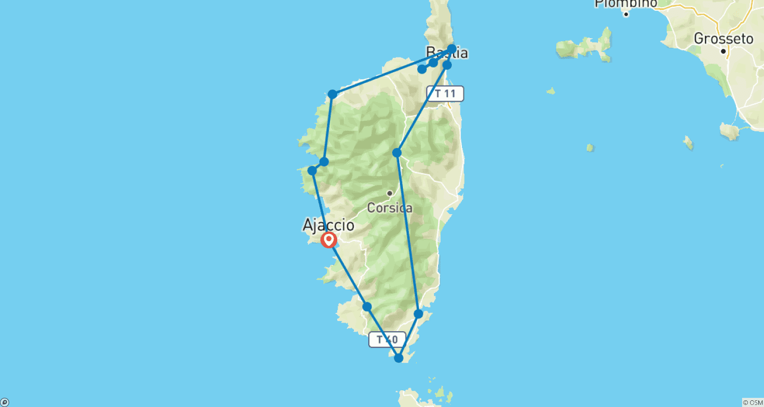 Mapa trasy: Wielka Podróż po Korsyce – Piesze Wędrówki i Trekking