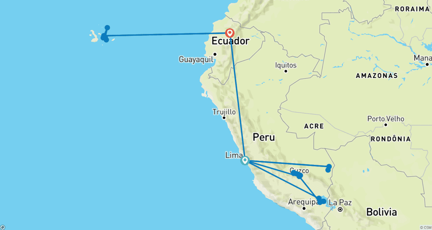 Mapa do percurso de Mistérios do Império Inca com a Amazônia Peruana e Cruzeiro em Galápagos