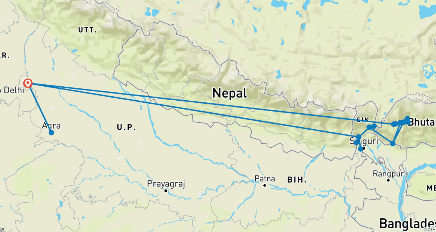 Mapa do percurso de Himalaias Encantadores com Taj Mahal