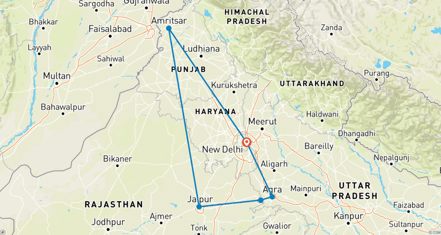 Mapa do percurso de Excursão de 9 Dias ao Triângulo Dourado com Amritsar