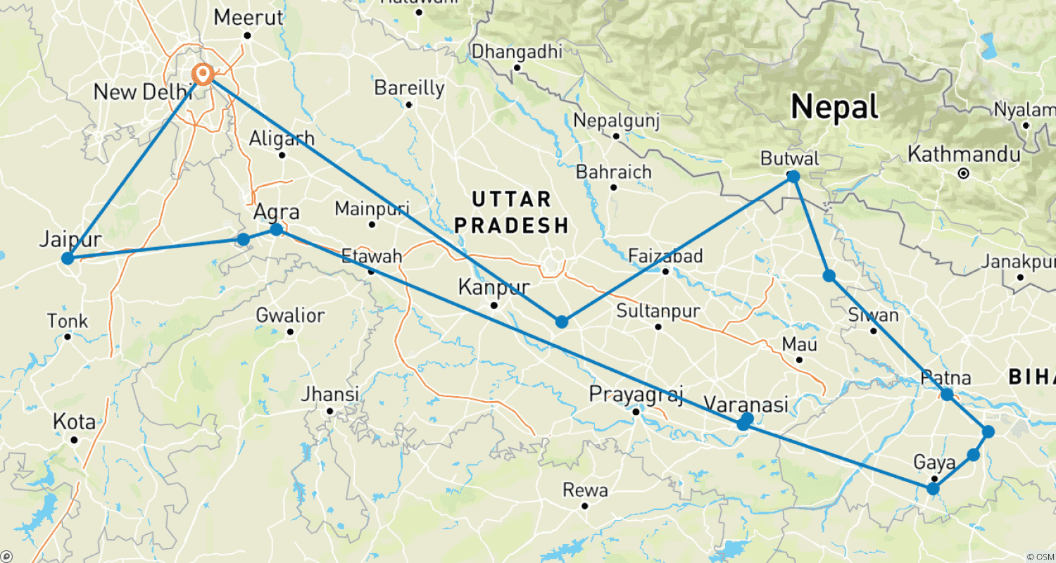 Mapa do percurso de Triângulo Dourado com Tour Budista