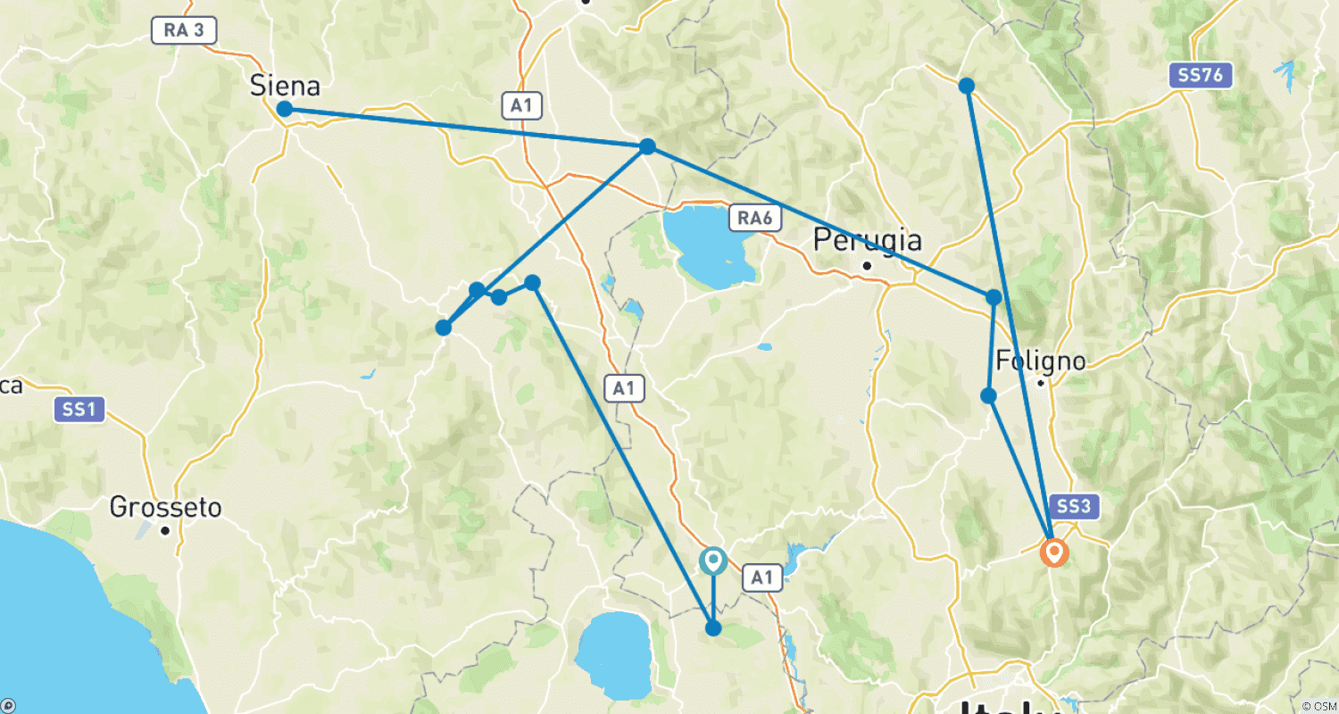 Mapa do percurso de Passeio a Pé e Caminhada na Toscana e Úmbria