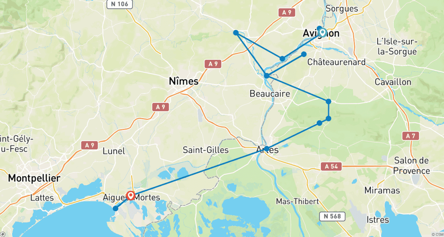 Mapa do percurso de Passeio de bicicleta e barco Provença e Camargue: de Avignon a Aigues-Mortes