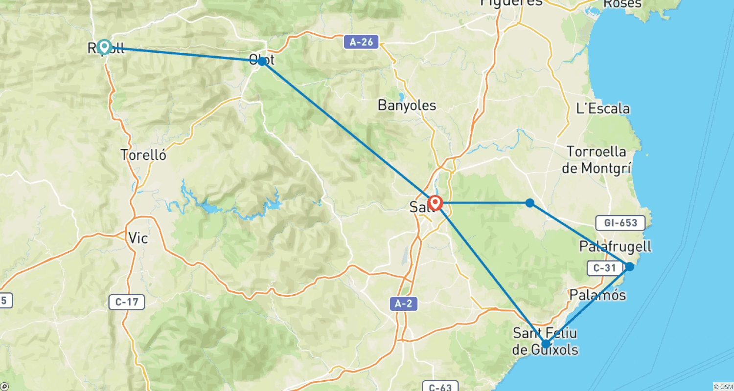 カタルーニャのベストサイクリングの旅（初級から中級）のルートマップ