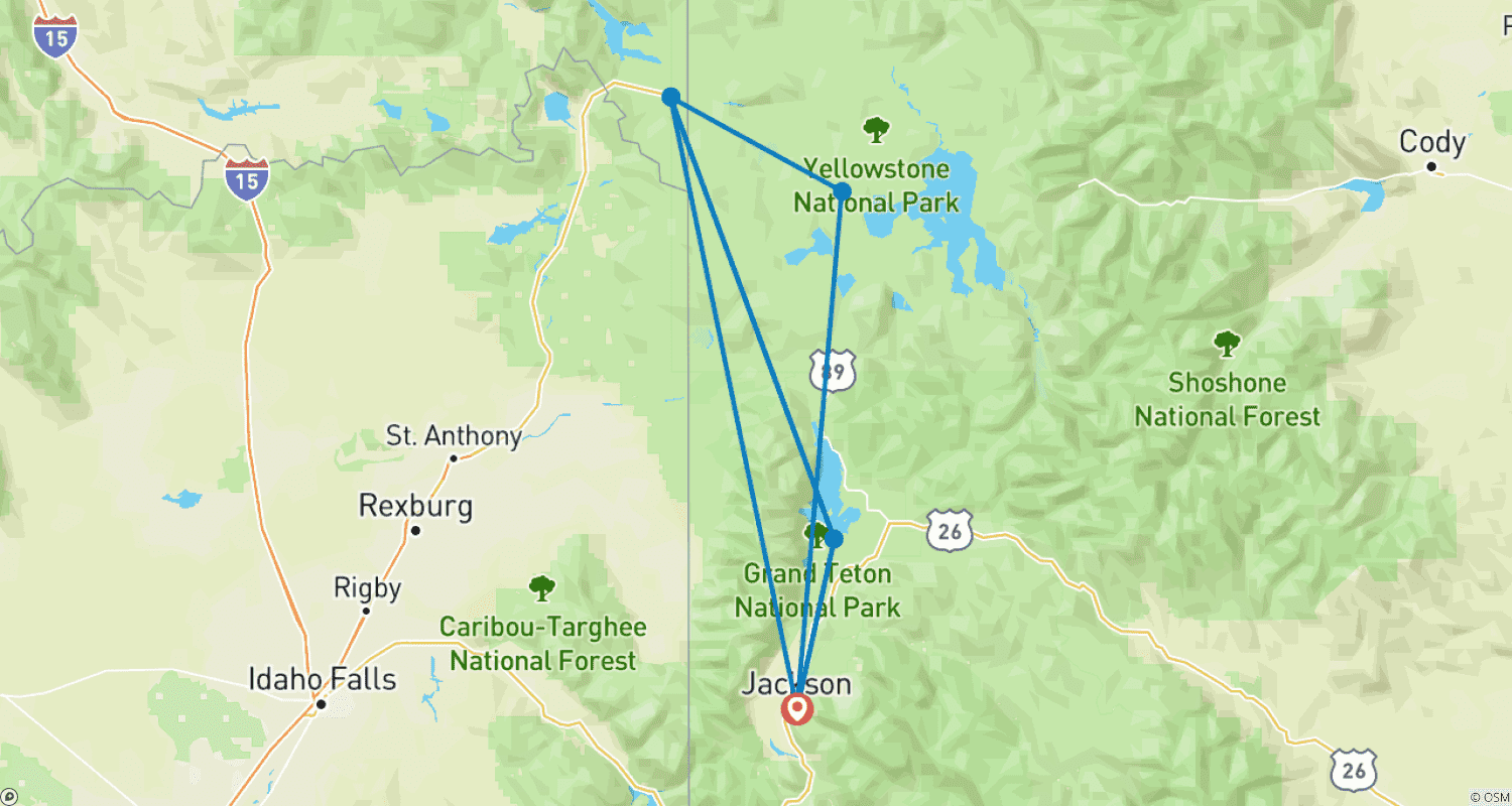 خريطة مسار Winter Grand Teton & Yellowstone 4 Day Tour