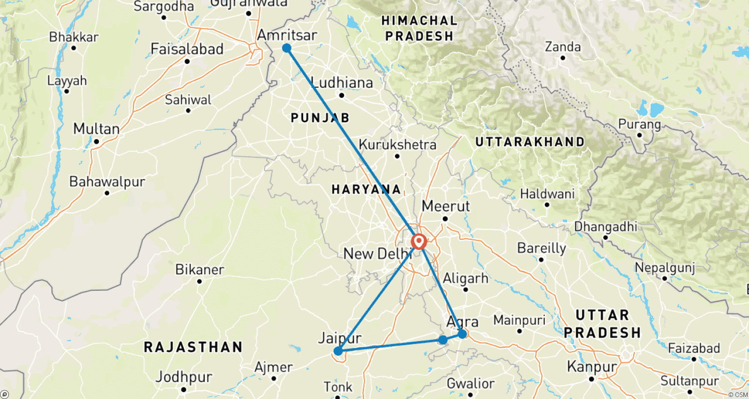 Mapa do percurso de Excursão Triângulo Dourado com Amritsar (Templo Dourado)