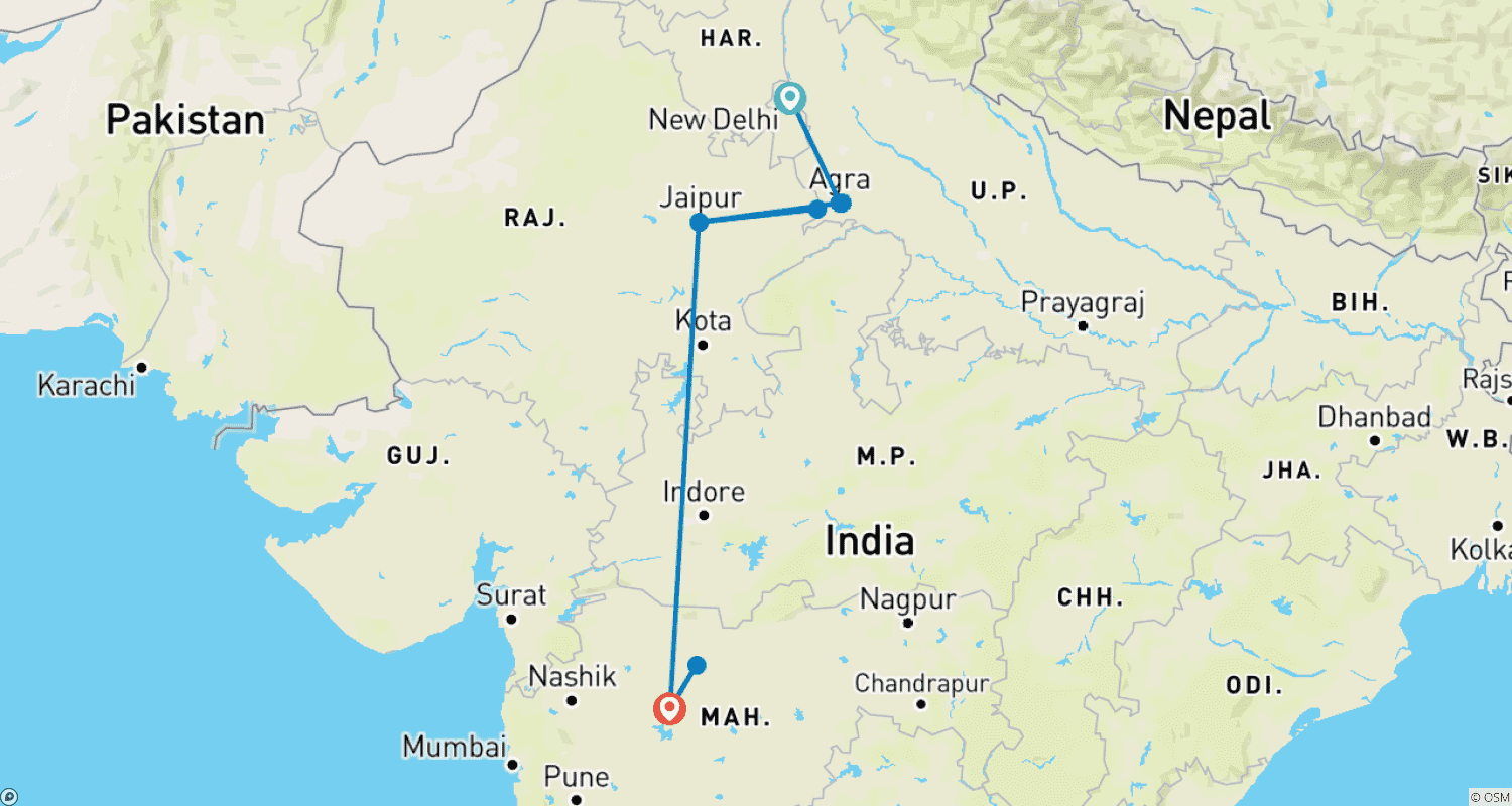Mapa do percurso de Circuito Triângulo Dourado com Cavernas de Ajanta e Ellora