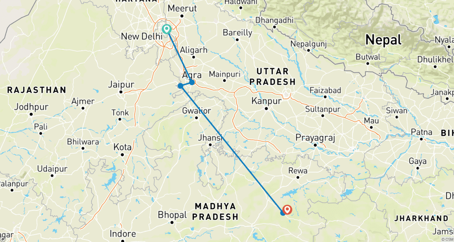 Mapa do percurso de Bandhavgarh com Taj Mahal