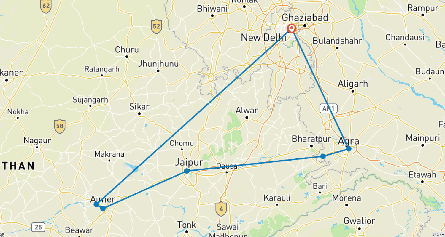خريطة مسار Golden Triangle Tour with Pushkar
