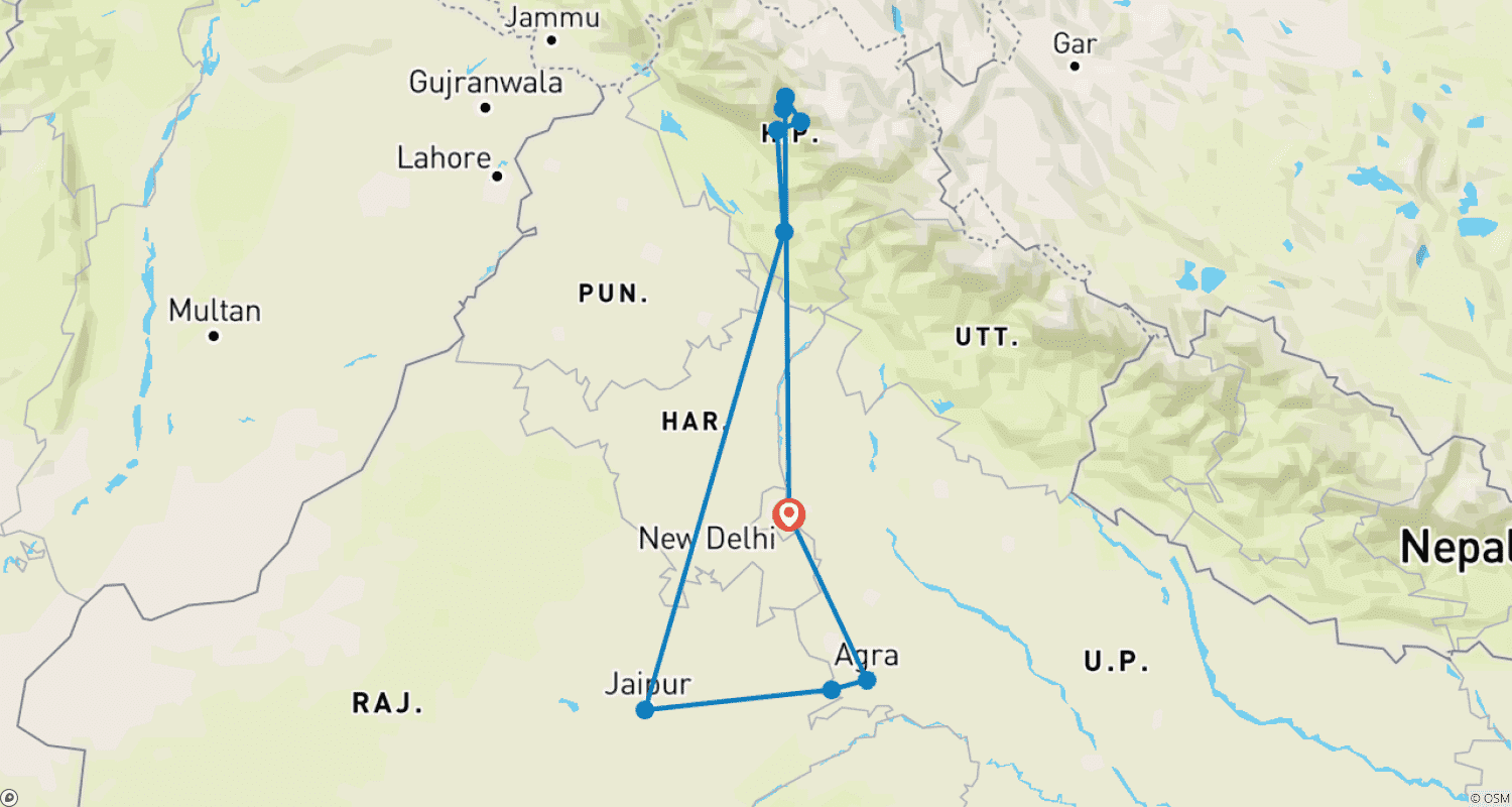 Mapa do percurso de Excursão Triângulo Dourado com Shimla e Manali