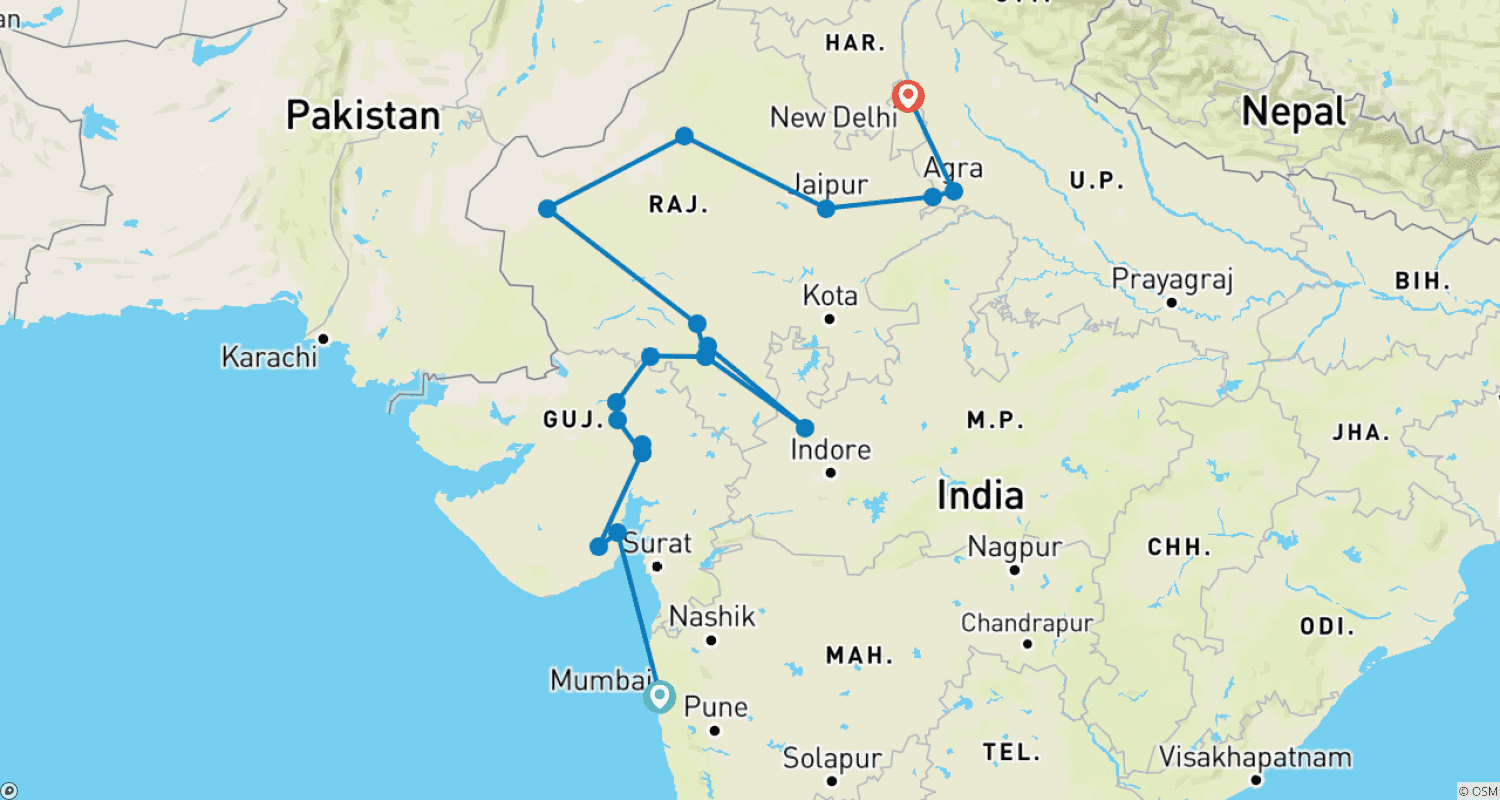 Mapa do percurso de Excursão por Gujarat e Rajasthan
