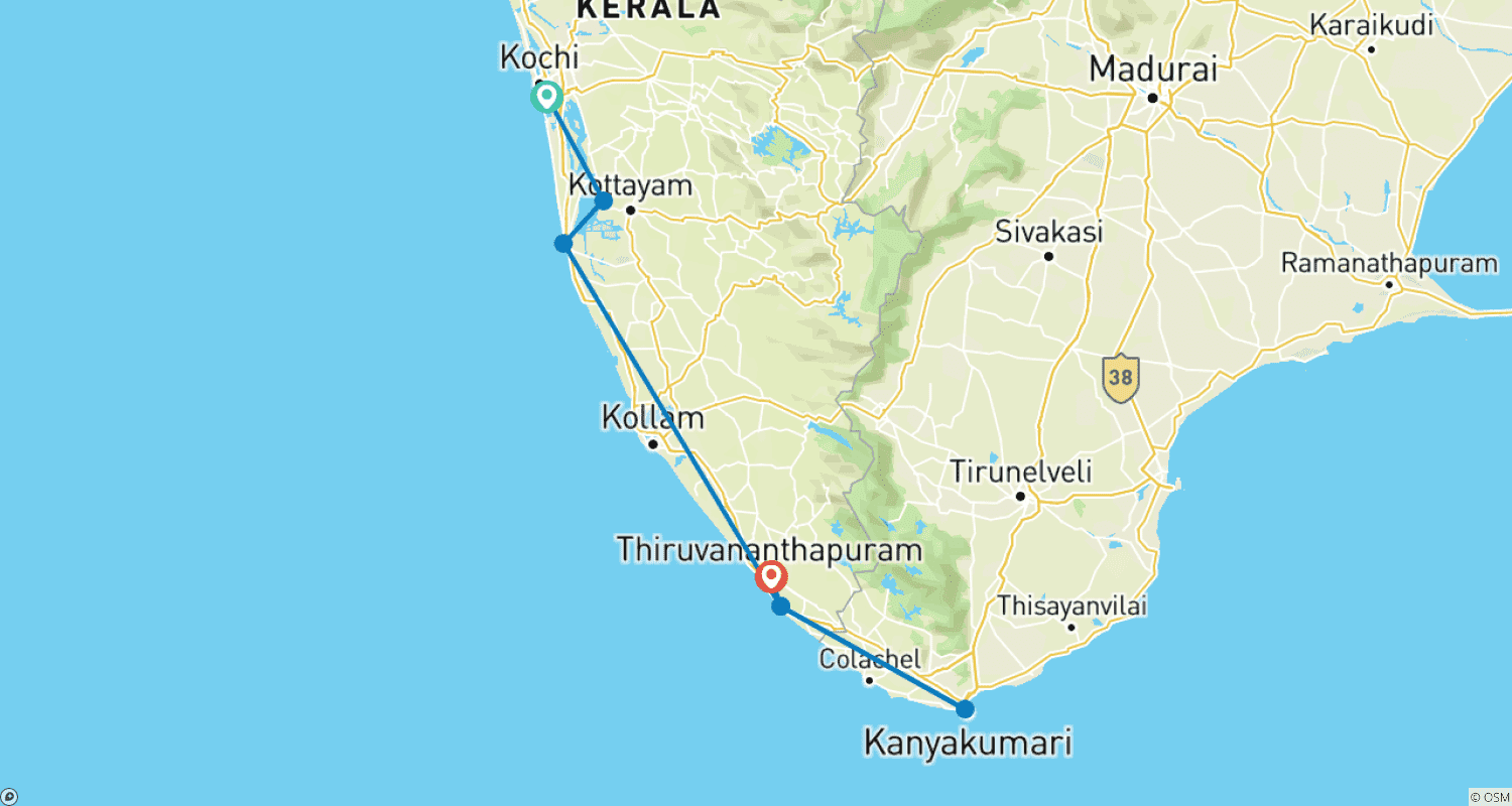 Mapa do percurso de Backwaters and Beaches of Kerala