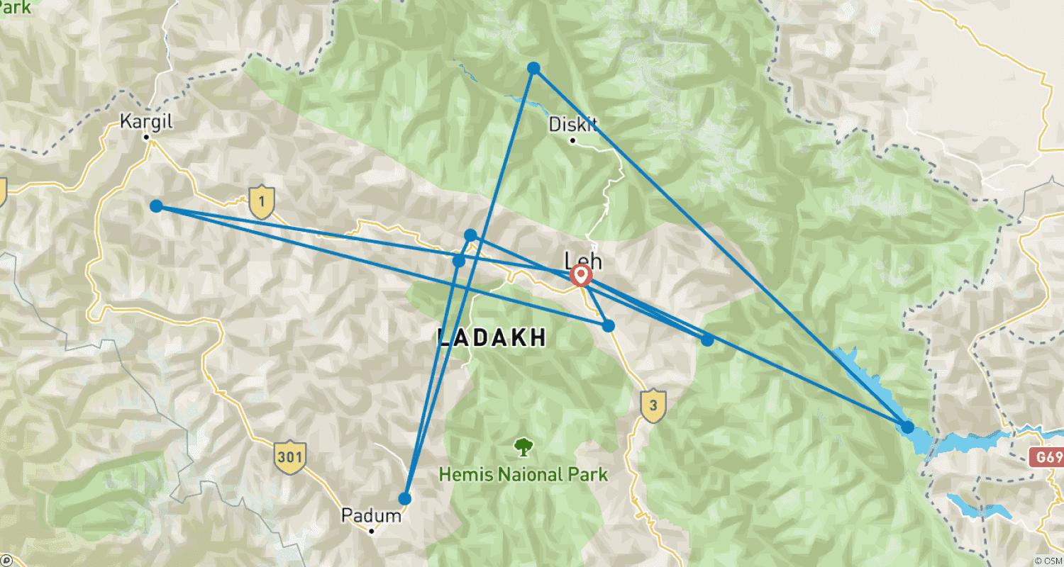 Mapa do percurso de Leh Ladakh - O Melhor da Experiência do Tibete