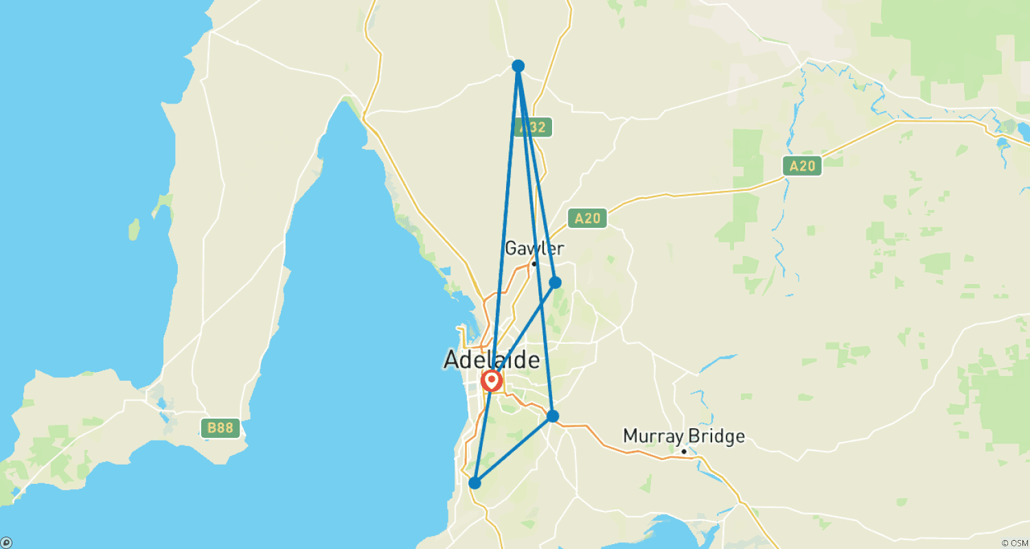 Mapa do percurso de Passeio pelos Vinhedos do Sul da Austrália - Autoguiado 5N/7D