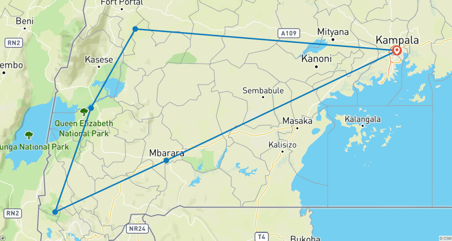 Mapa do percurso de Safari de Primatas em Uganda 7D/6N
