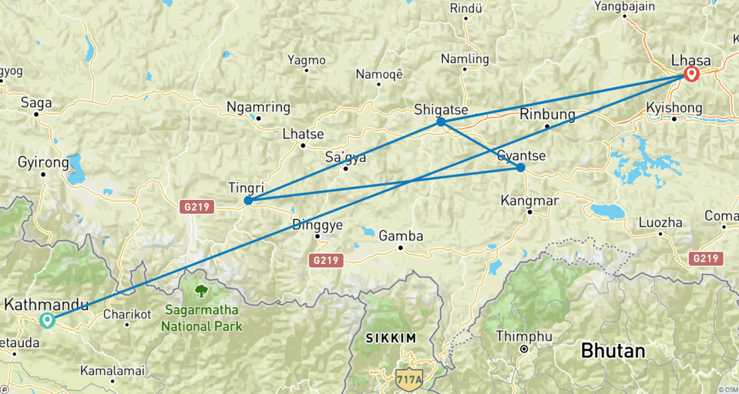 Mapa do percurso de Tibet Lhasa Tour with Everest Base Camp - 8 Days