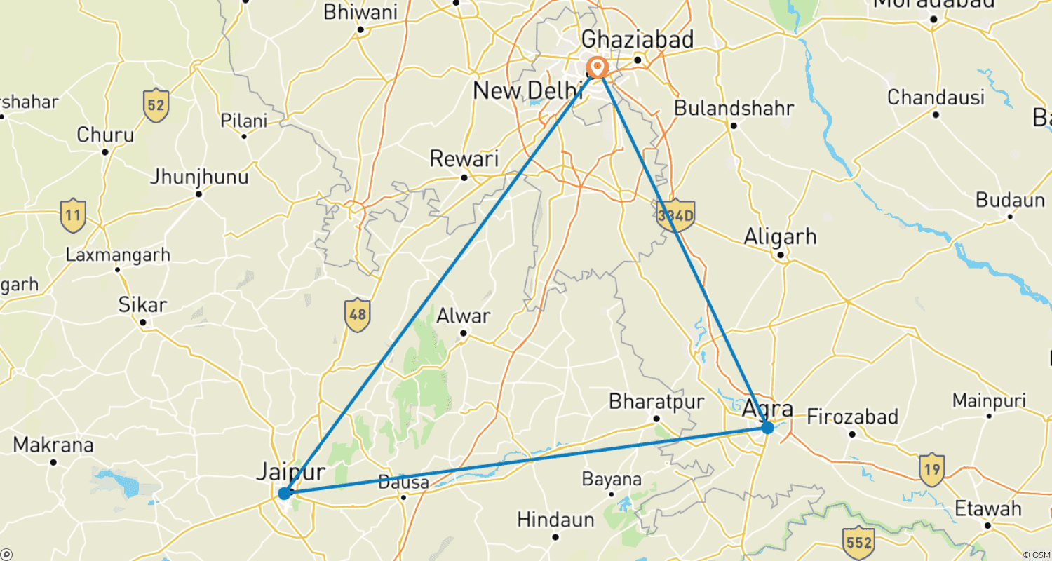 Mapa do percurso de Tour Privado de 7 Dias por Delhi, Agra e Jaipur com Traslados de Aeroporto