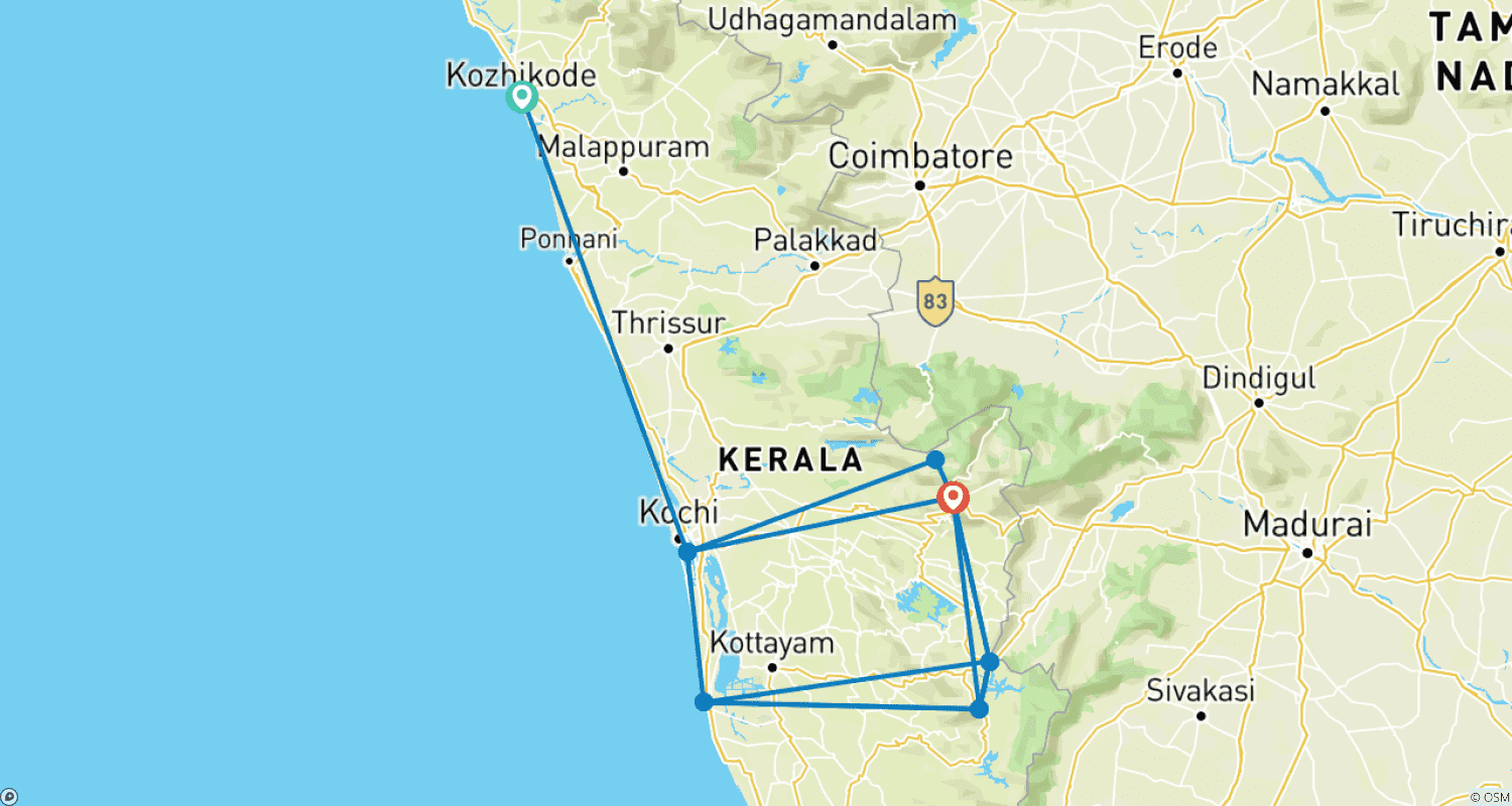 Mapa do percurso de Excursão por Kerala