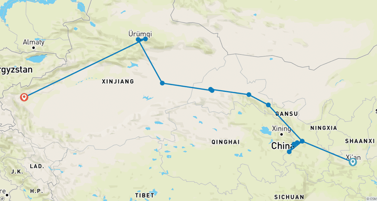 خريطة مسار طريق الحرير الكلاسيكي 14 يومًا: Xian, Lanzhou, Labrang, Jiayuguan, Dunhuang, Turpan, Urumqi, Kashgar