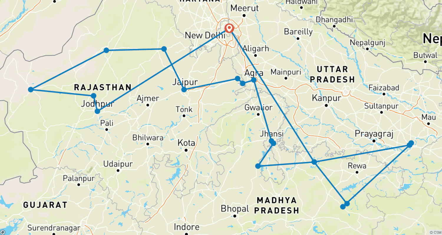 Mapa do percurso de North India Adventure Tour
