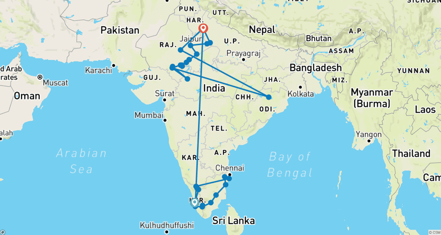南インドと北インドを巡る30日間の旅のルートマップ