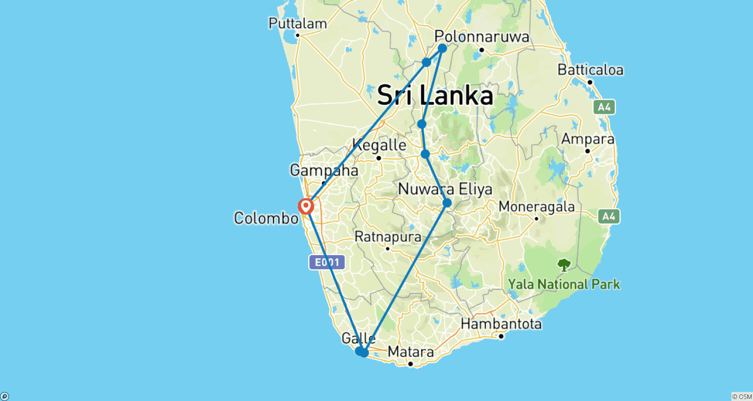 Mapa do percurso de Maravilhoso Sri Lanka, Tour Privado