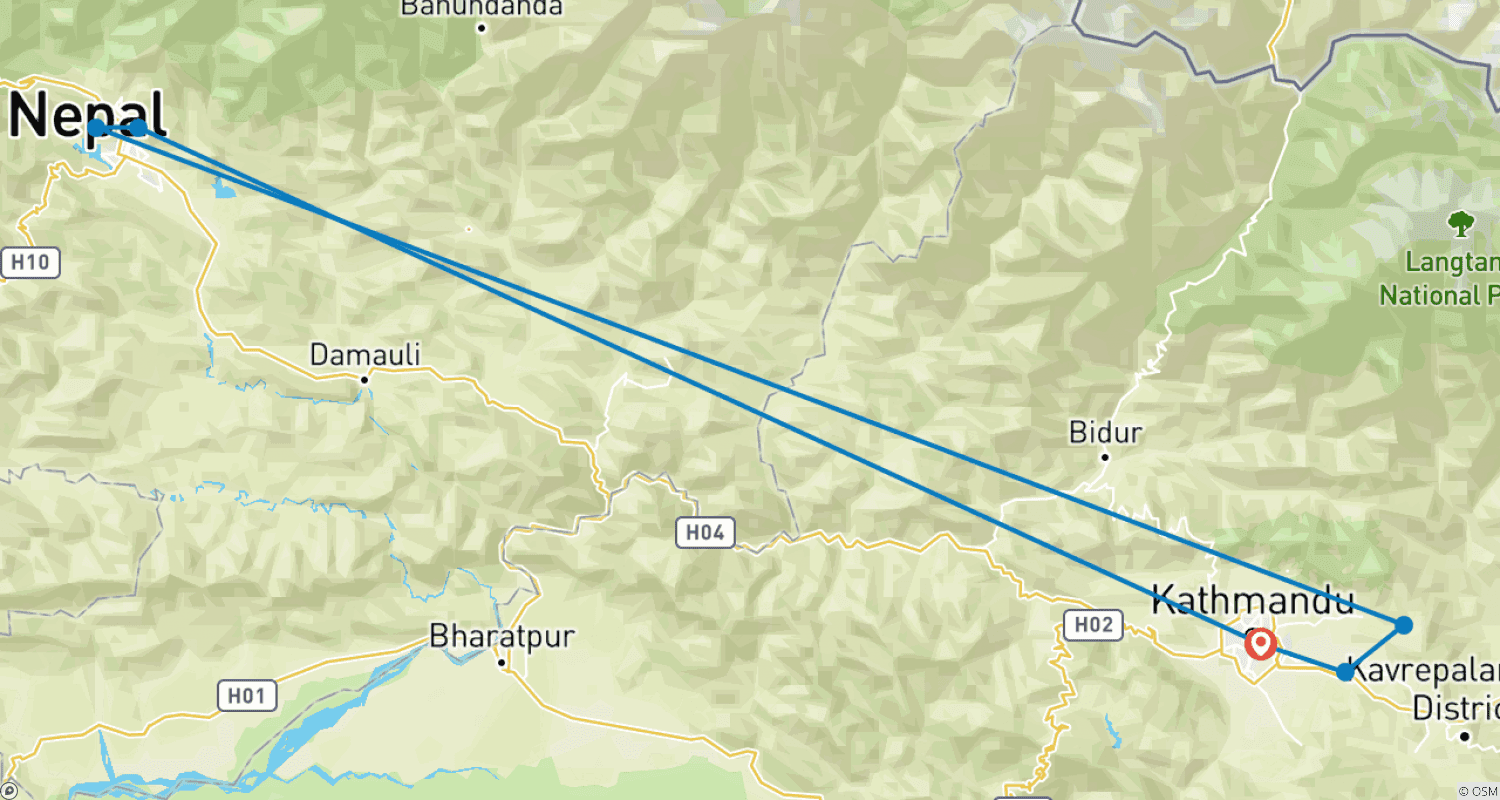 Mapa do percurso de Estadia em Casa de Família e Voluntariado em Escola no Nepal