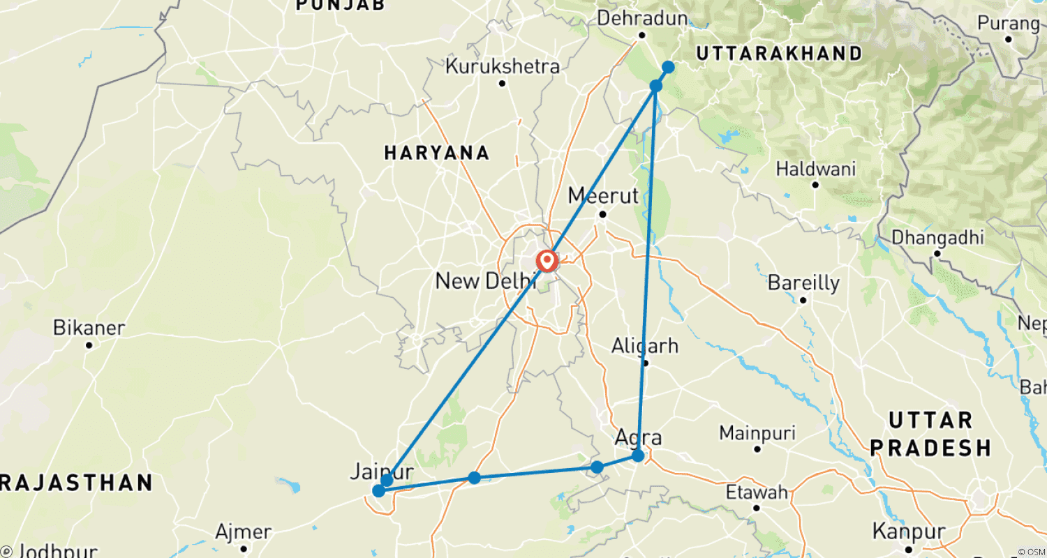 Mapa do percurso de Ioga, Ganges e Taj Mahal - Triângulo Dourado com Haridwar e Rishikesh