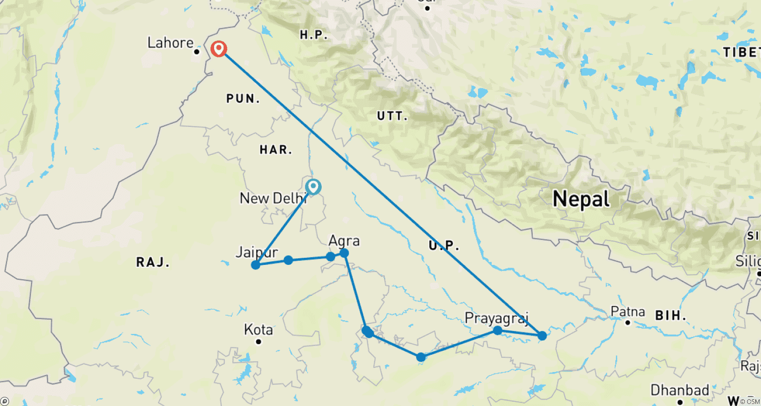 Mapa trasy: Ciało, Umysł i Dusza - Złoty Trójkąt z Varanasi i Amritsarem