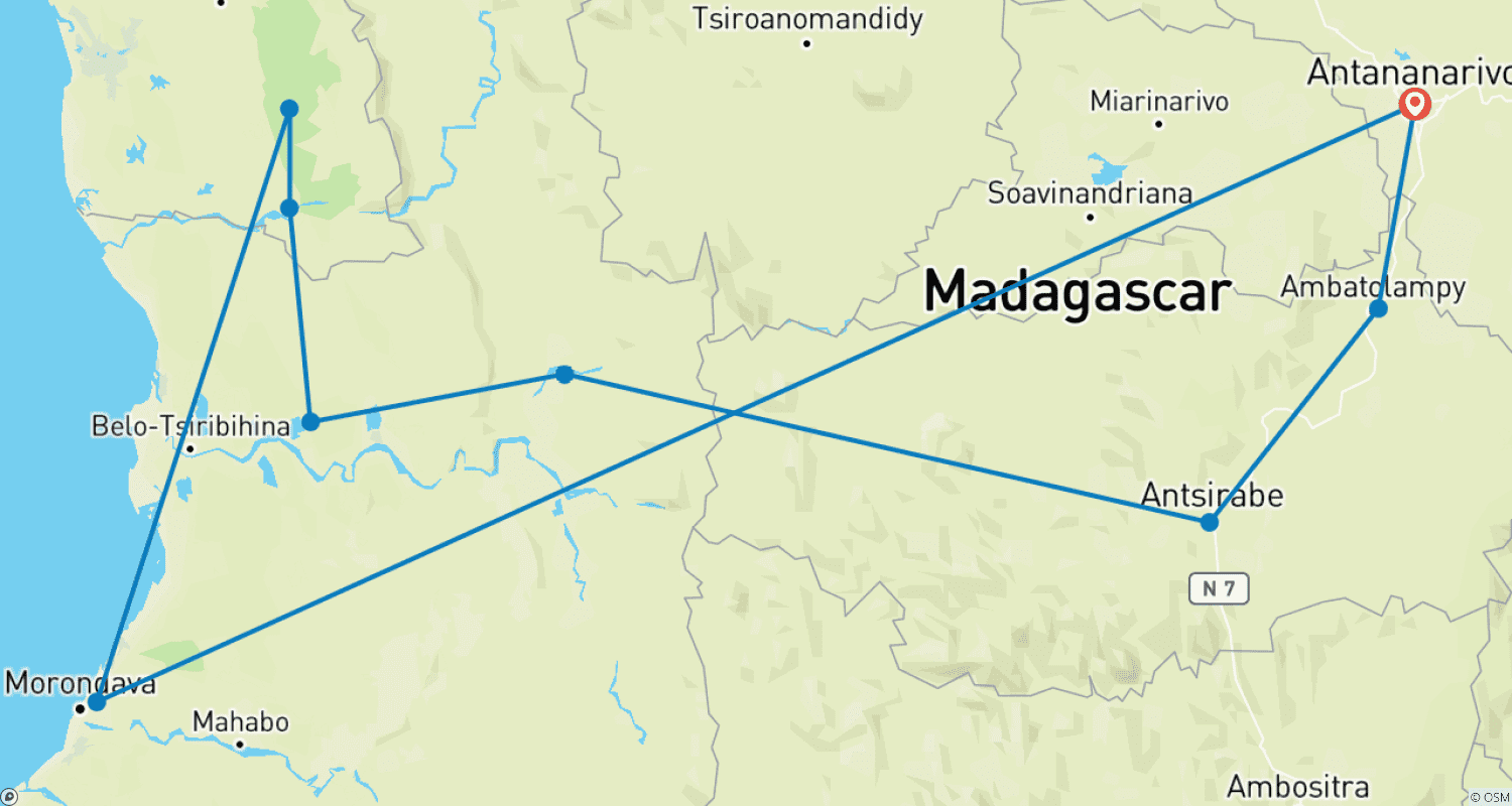 Mapa do percurso de Expedição aos Tsingy de Bemaraha