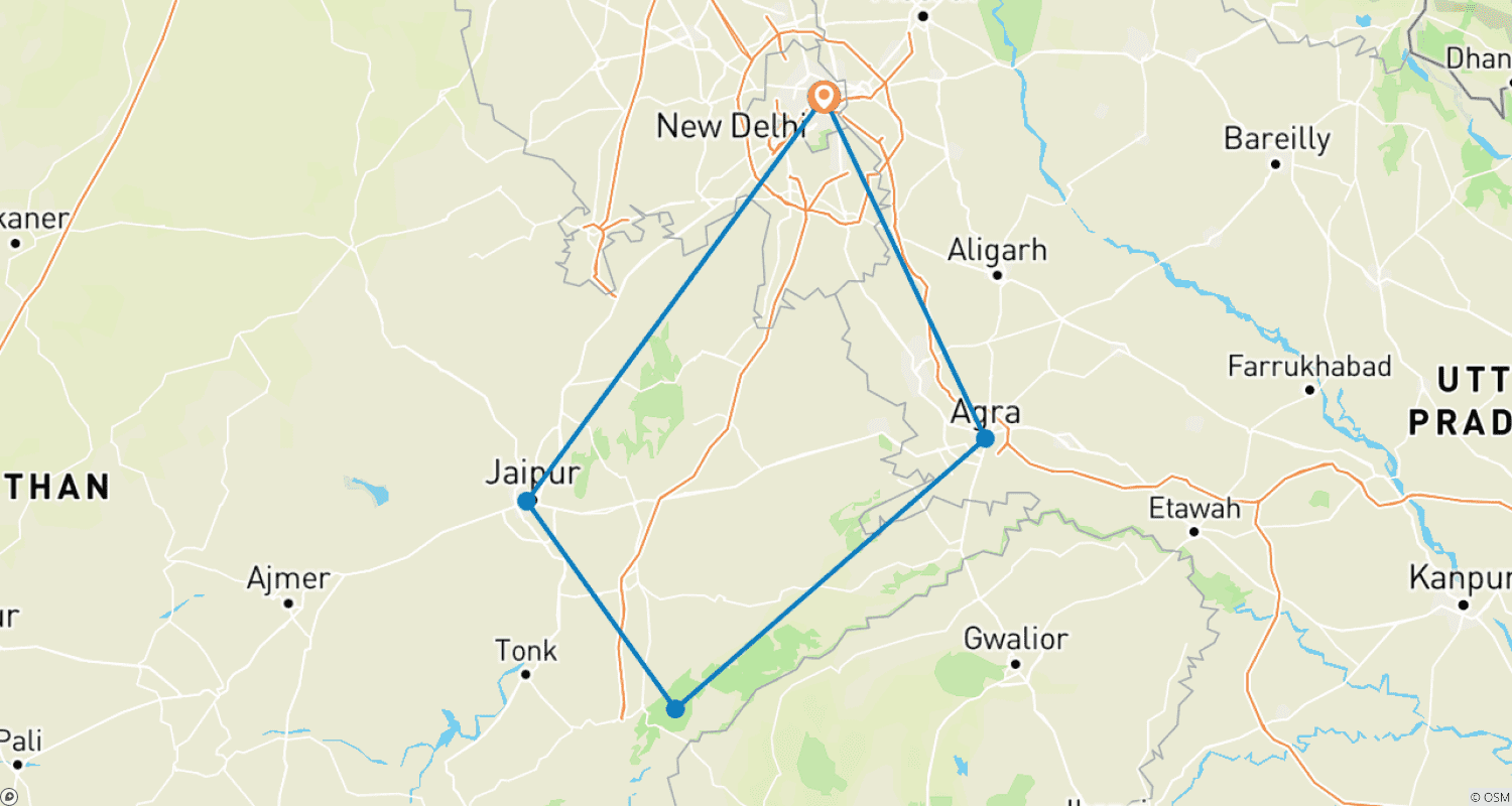 Mapa do percurso de Triângulo Dourado Exclusivo Incluindo Safári de Tigres em Ranthambore com Hotel 5 Estrelas