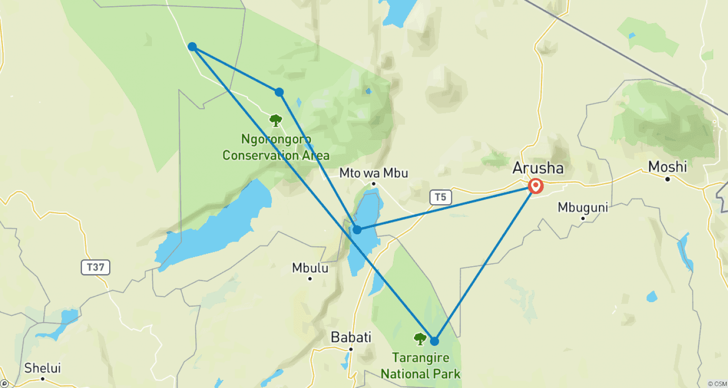 Mapa do percurso de Pacote de Safari Básico de Acampamento de 5 Dias