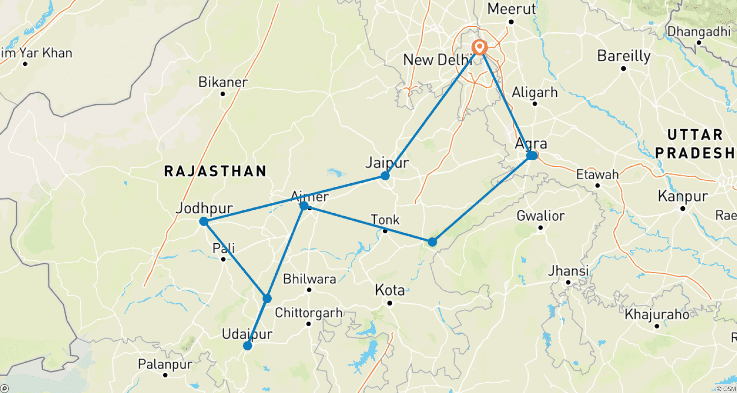Mapa do percurso de Taj Mahal e Rajastão com Estadia Real em Castelos