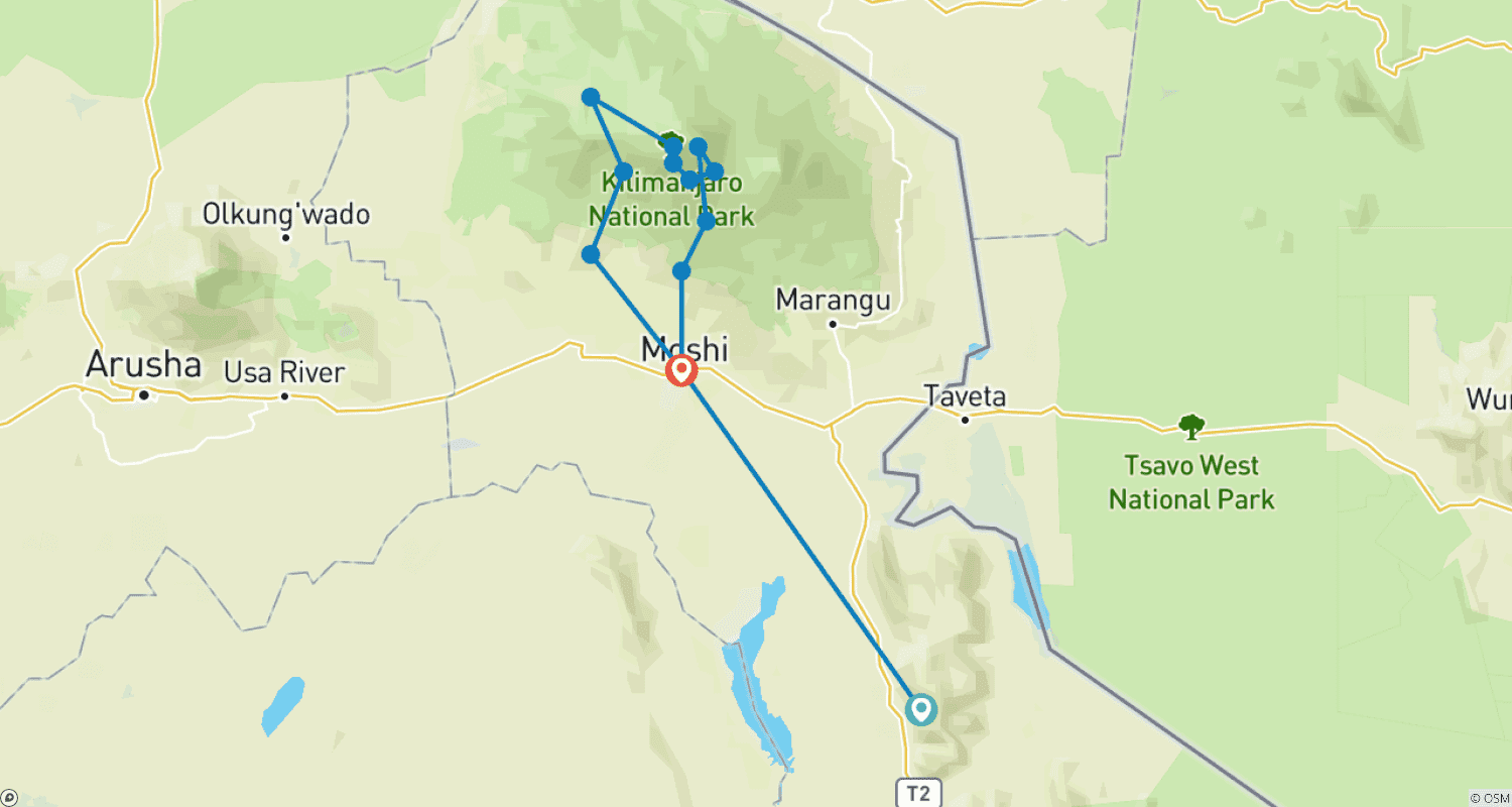 Mapa do percurso de Suba o Kilimanjaro: Rota Machame de 8 Dias