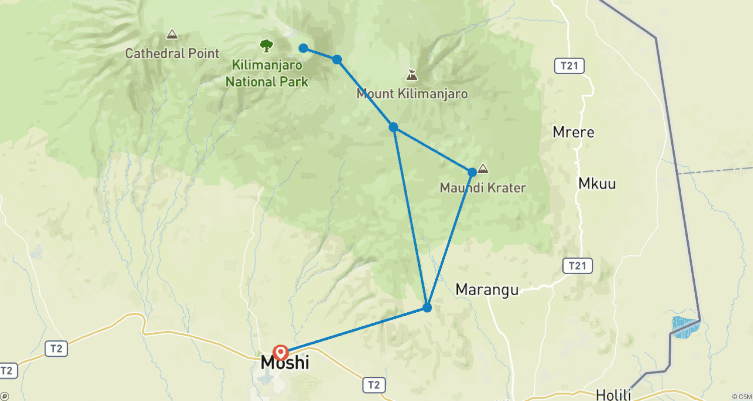 Mapa do percurso de Suba o Kilimanjaro: 8 Dias Rota Marangu