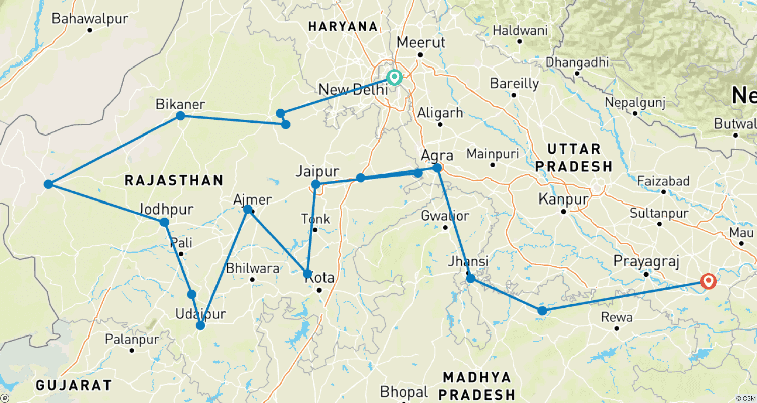 Mapa do percurso de Rajastão Real com Varanasi