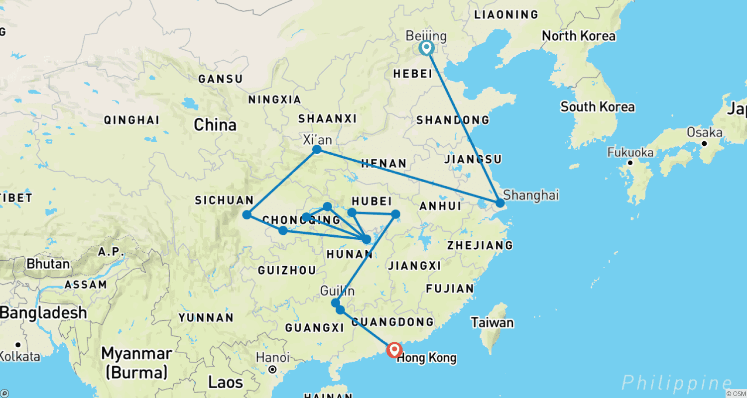 Mapa do percurso de China Abrangente 16 Dias: Pequim, Xangai, Xi'an, Chengdu, Três Gargantas, Yangshuo, Hong Kong