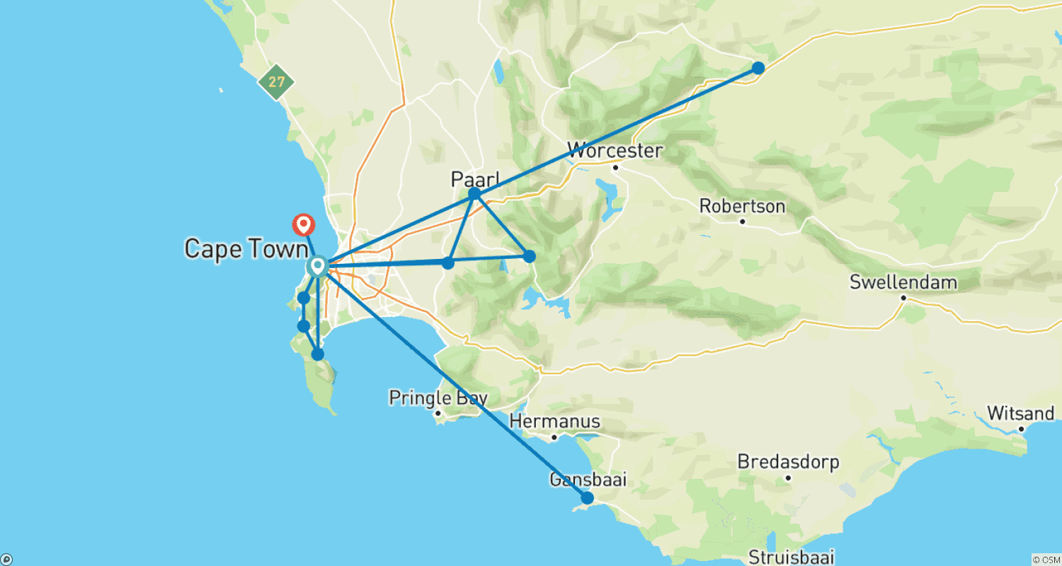 Mapa do percurso de Cidade Mãe Cidade do Cabo, 5 Dias - Mergulho com Tubarões em Gaiola & Tour de Safari Aquila & Península do Cabo & Degustação de Vinhos & Ilha Robben