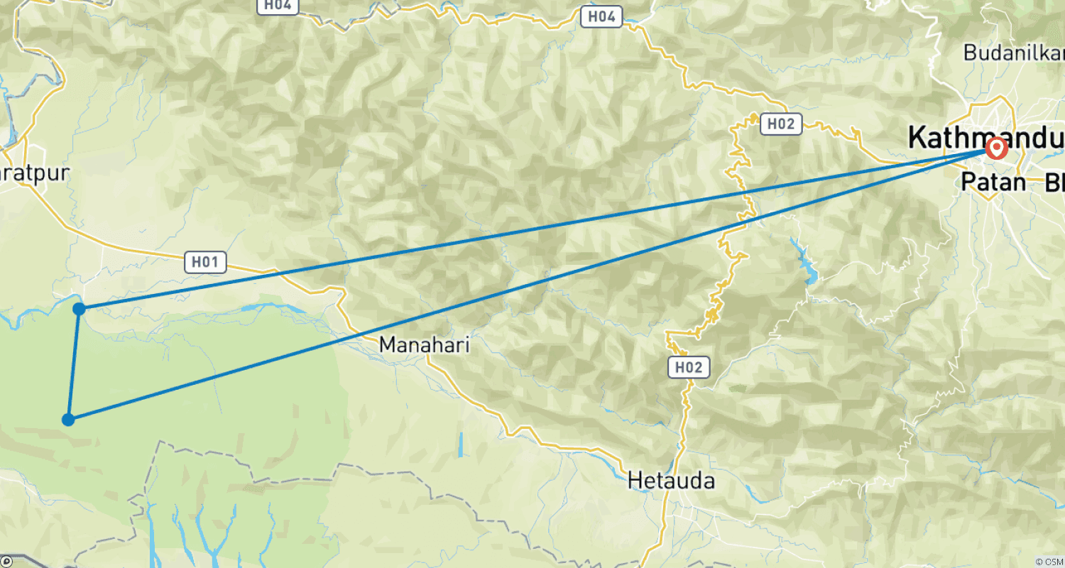 Mapa do percurso de Passeio de Kathmandu a Chitwan